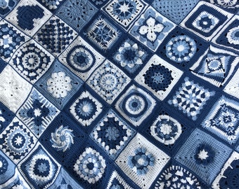 Queen King Jean blue crochet patchwork blanket blue and white mix of assorted patchwork motif granny square large blanket cotton bedspread