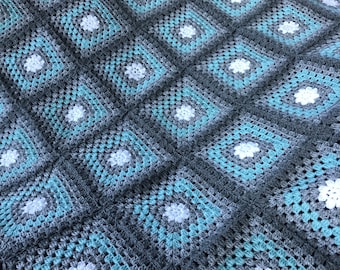 Wool teal green silver-grey granny square crochet blanket handmade for sale
