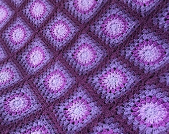 Custom Purple floral granny square crochet cotton blanket all purple modern blanket handmade to order