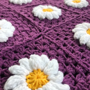 Purple 3D daisy crochet blanket granny square daisy lap crocheted eggplant purple blanket