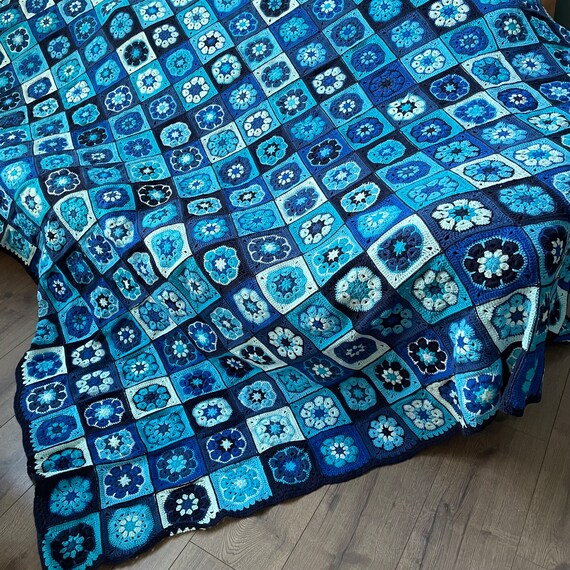 Navy Blue Handmade Granny Square Crochet Blanket Crochet Knit