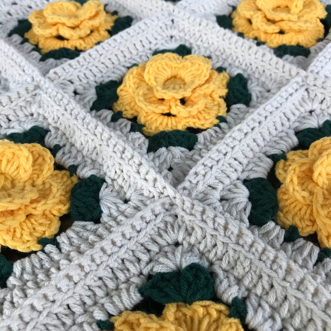 Yellow 3D Crochet Rose Granny Square Blanket Crochet Blanket Handmade for Sale Cotton Lap Throw