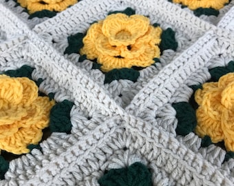 Yellow 3D crochet rose bloom granny square blanket crochet blanket handmade for sale cotton lap throw yellow Afghan rose floral throw quilt