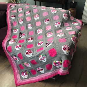Girls Mexican sugar skull twin double granny square crochet blanket day of the dead colorful skull crochet cotton blanket amigurumi quilt
