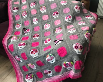 Girls Mexican Sugar Skull Crochet Blanket: Twin/Double Size