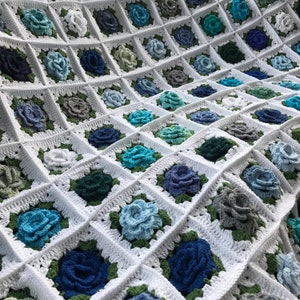 Blue rose crochet 3D mix of roses granny square rose cotton blanket crochet all rose Afghan throw rose blanket gift for mothers Day