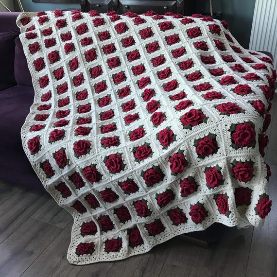 Crochet Granny Square Blanket: Burgundy Roses, Olive Green Leaves