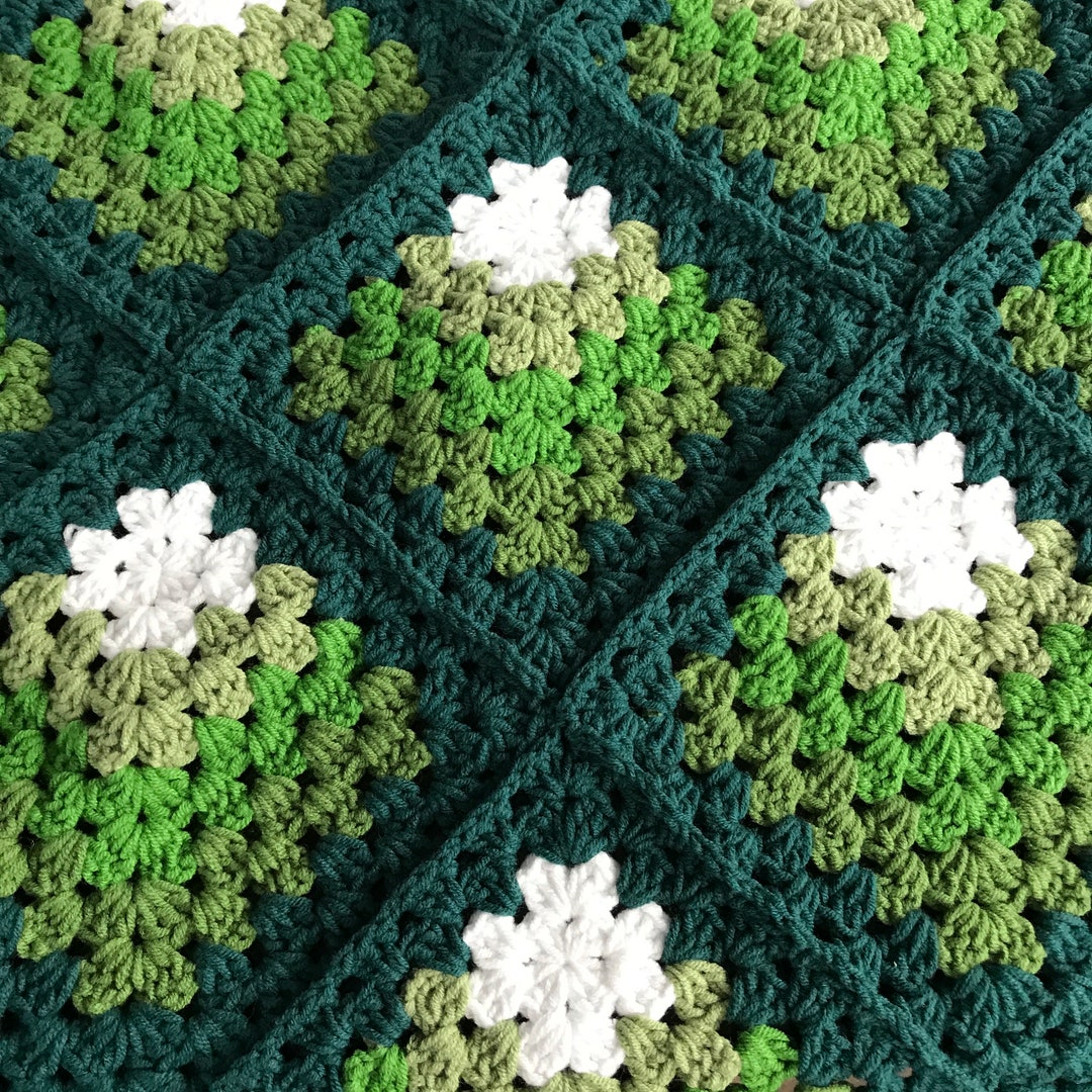 Pine Green Crochet Granny Square Cotton Lap Blanket Crochet Blanket