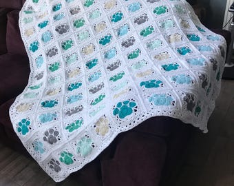 Crochet handmade paw print blanket/ crochet cat blanket/ lightweight throw/ Ocean inspired custom made just for you crochet personal throw