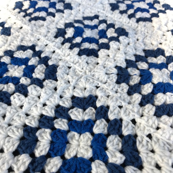 Bright white and blue decor granny square classic crochet blanket