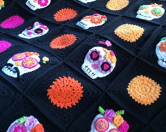 Mexican Sugar Skull Crochet Blanket, King Size Day of the Dead