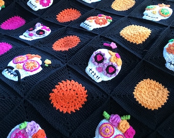 Mexican King size sugar skull granny square crochet blanket day of the dead colorful skull crochet blanket rainbow amigurumi skull applique