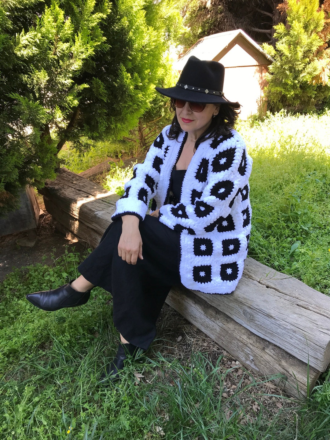 Crochet Cardigan Puffy Fluffy Black White Koala Sweater Jacket