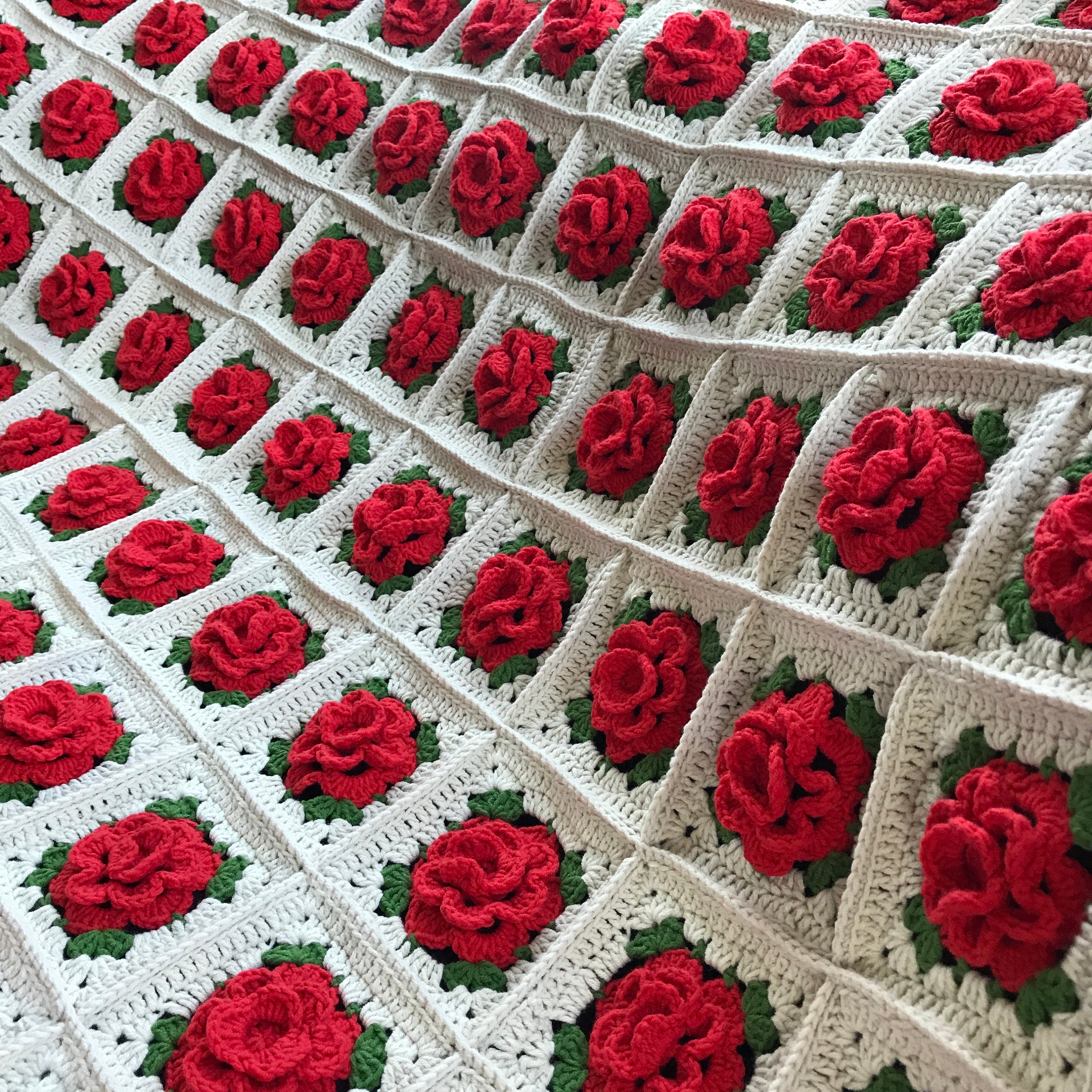 Victorian Red Rose 3D Crochet Cotton Blanket Bright Floral Red ...