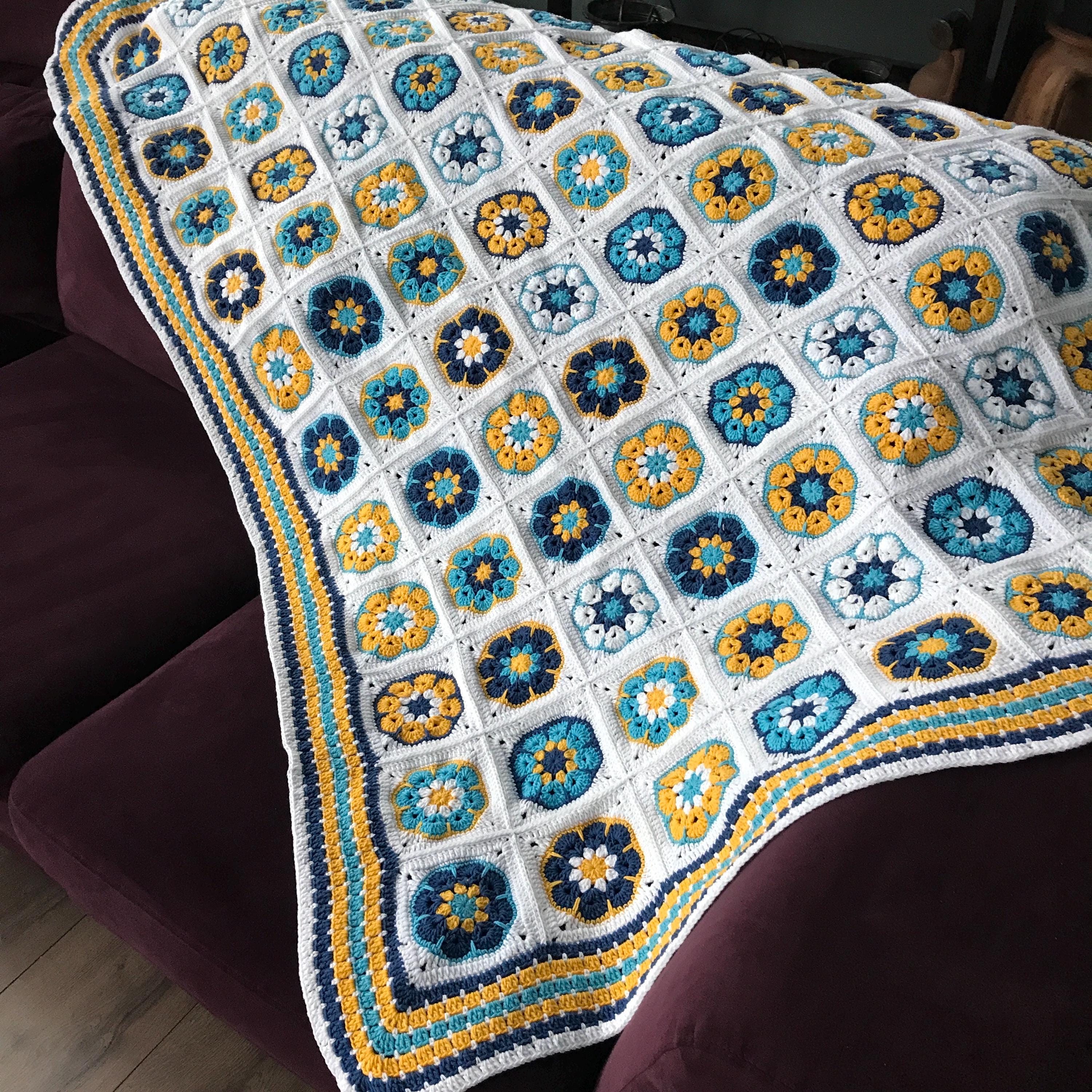 Wide Bordered African Floral Crochet Blanket With Light Blue Colors