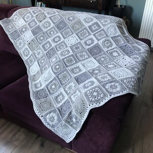 Handmade Gray Crochet Granny Square Blanket: Cotton Blend Afghan Throw