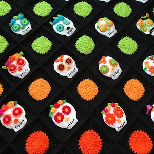 Mexican double queen sugar skull granny square crochet blanket day of the dead colorful skull crochet cotton blanket amigurumi skull quilt