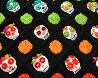 Sugar Skull Crochet Blanket, Day of the Dead, Colorful Granny Square Quilt