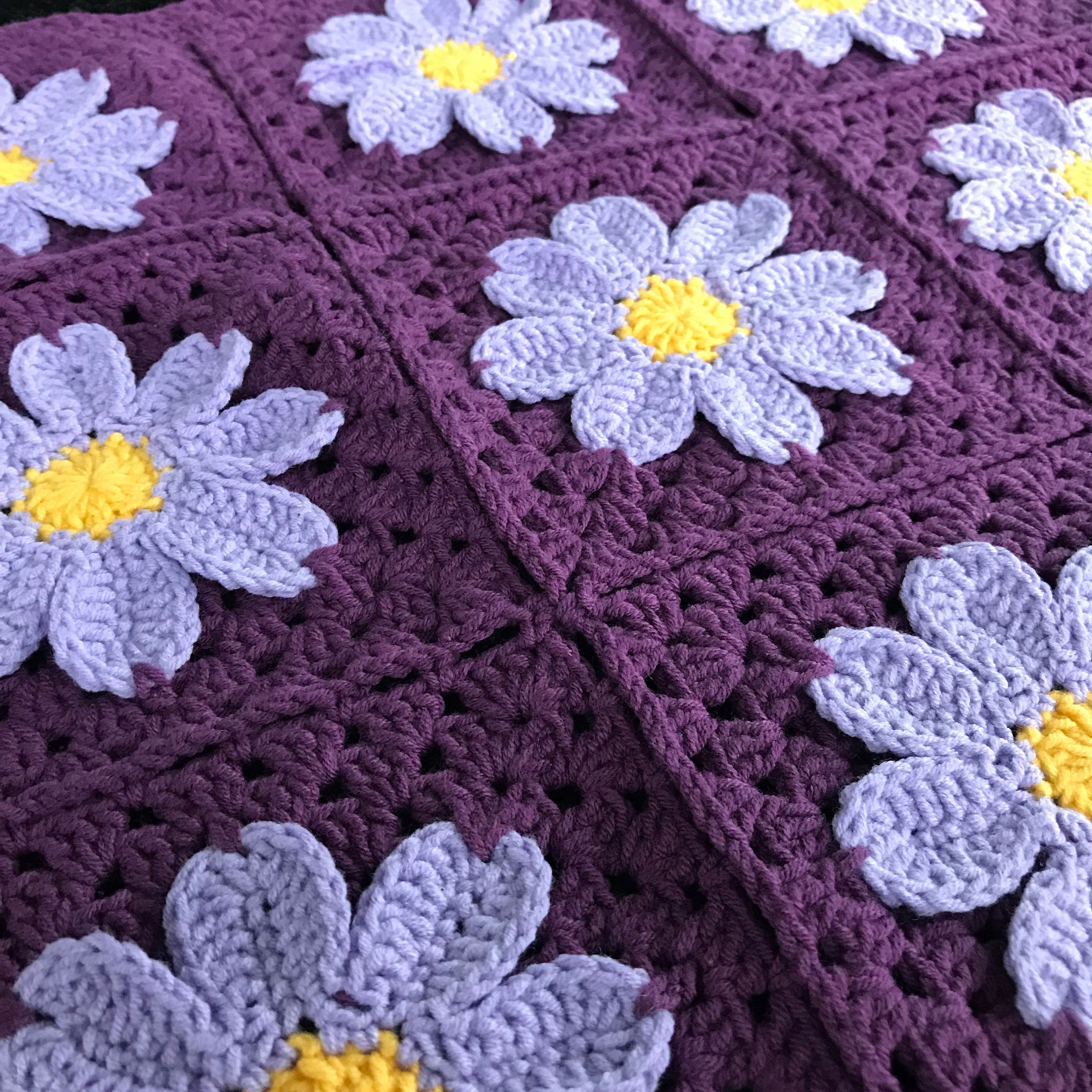 Purple 3D Big Daisy Crochet Blanket Soft Cotton Floral Throw