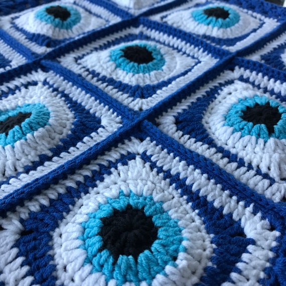 Turkish Evil Eye Navy Blue Crochet Blanket Jean Blue Navy Greek