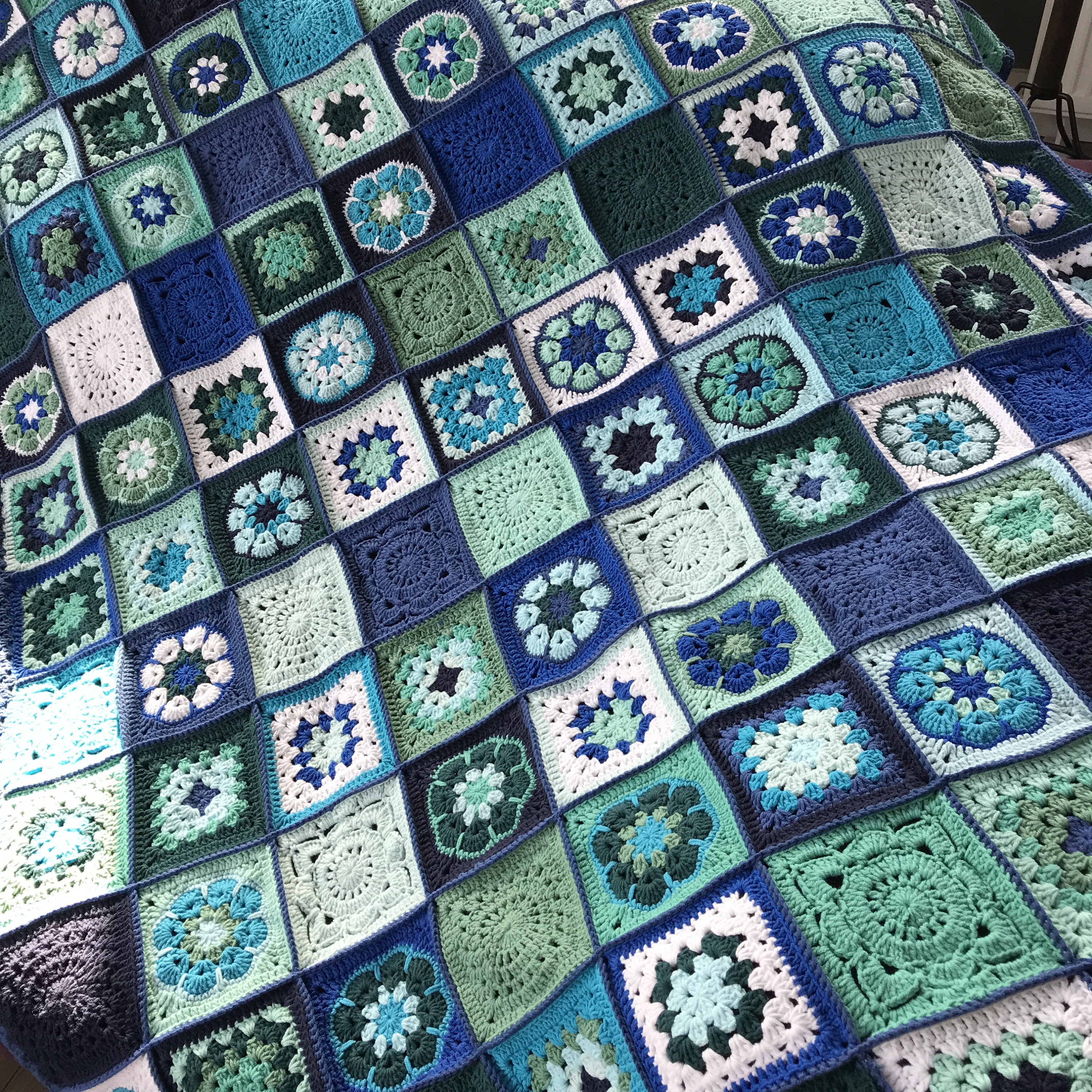 Blue Green Patchwork Granny Square Lap Throw Small Cotton 