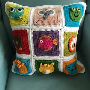 Amigurumi set of 2 crochet children&#39;s matching pillows cases colorful animal custom made character nursery pillow throws toddler room decor