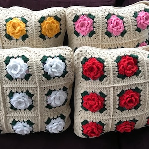 Victorian Rose set of 2 pillows crochet granny square handmade cotton colorful 3D rose pillowcases with buttons