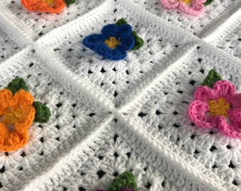 White custom Pansy crochet blanket custom made choose your own pansy flower colors