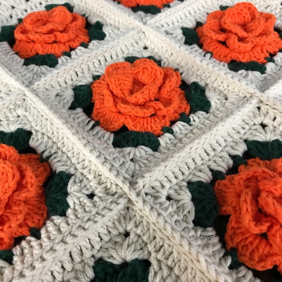 3D Orange Rose Crochet Granny Square Blanket Crochet Blanket