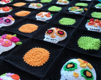 Mexican Sugar Skull Crochet Blanket, Colorful Day of the Dead Decor