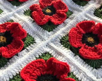 Red and white poppy blanket crochet 3D poppy floral cotton crochet throw gift for a war veteran