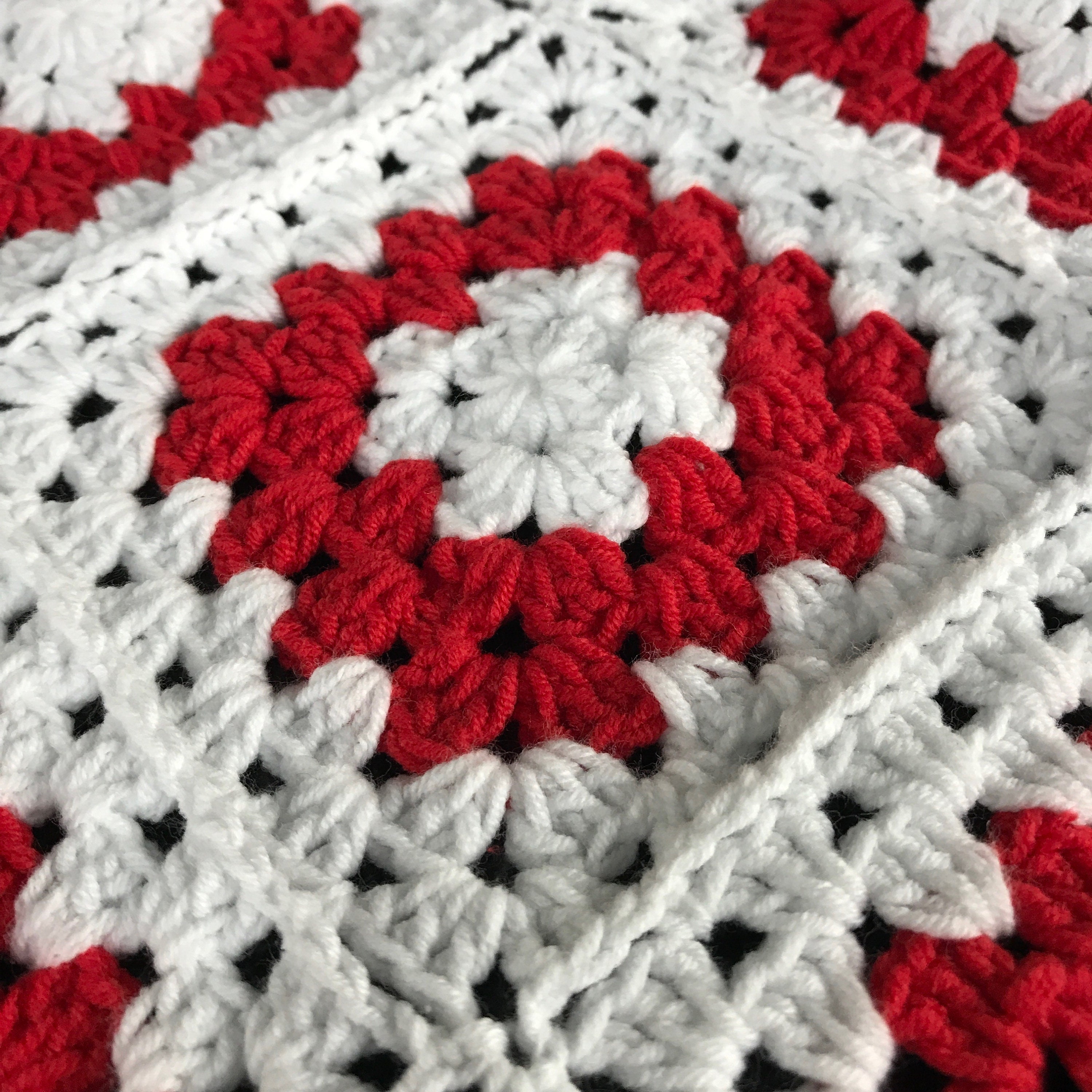 Bright Red and White Granny Square Crochet Blanket Valentines Red