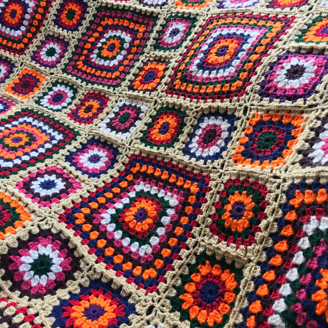 Crochet Large Knit Blanket Colorful Crocheted Acrylic Blanket Etsy