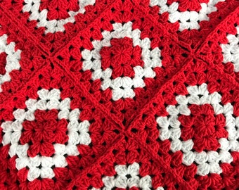 Bright red and white granny square crochet blanket Valentines red love blanket Canada red and white team color bright blood red Afghan