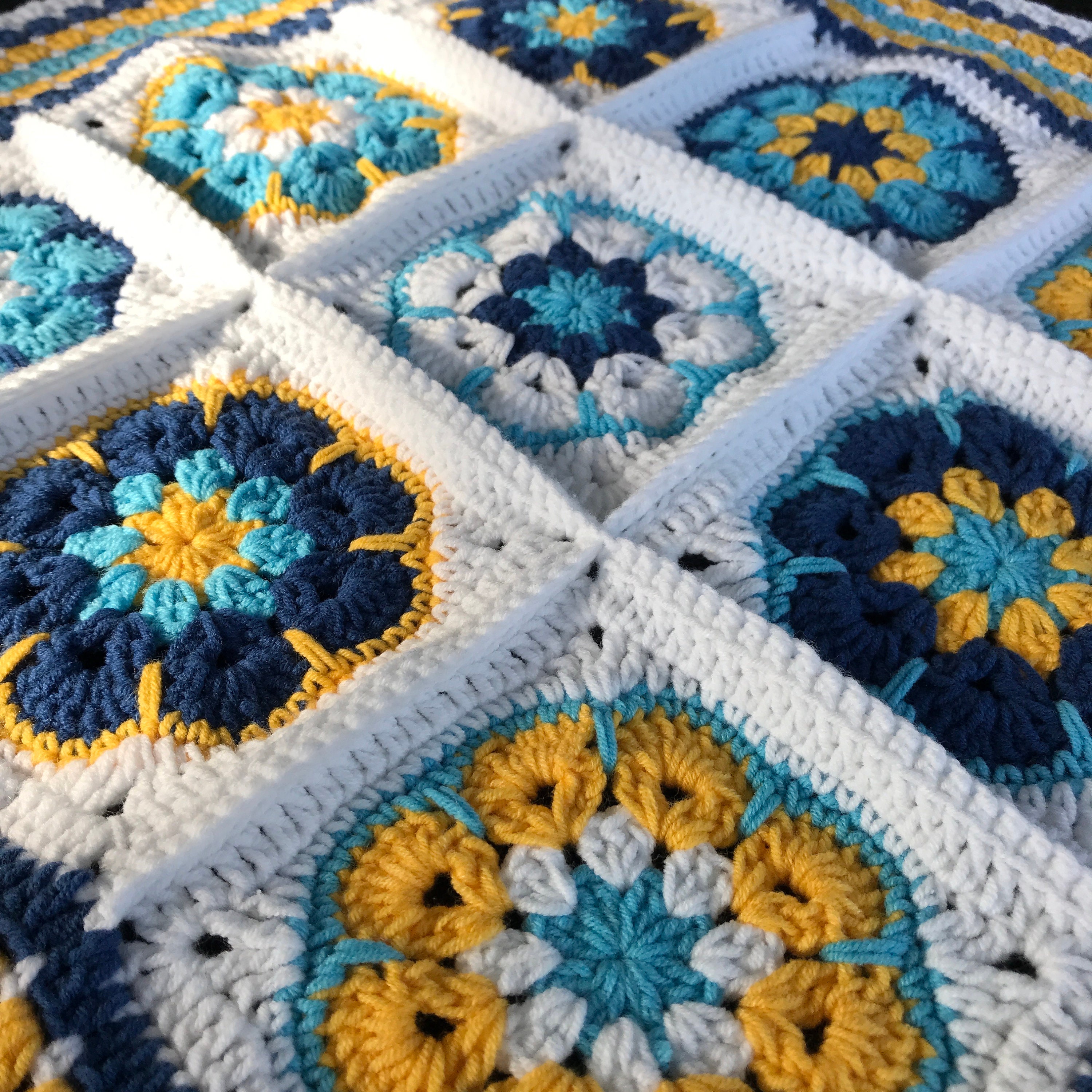 Wide Bordered African Floral Crochet Blanket With Light Blue Colors
