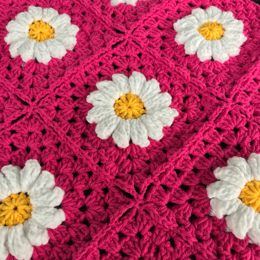 Dark Pink 3D Daisy Crochet Blanket Burgundy Deep Pink Daisy Afghan
