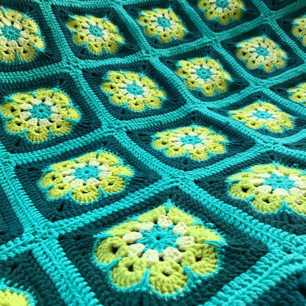 Dark teal light teal mustard handmade crochet African floral cotton small blanket lap throw