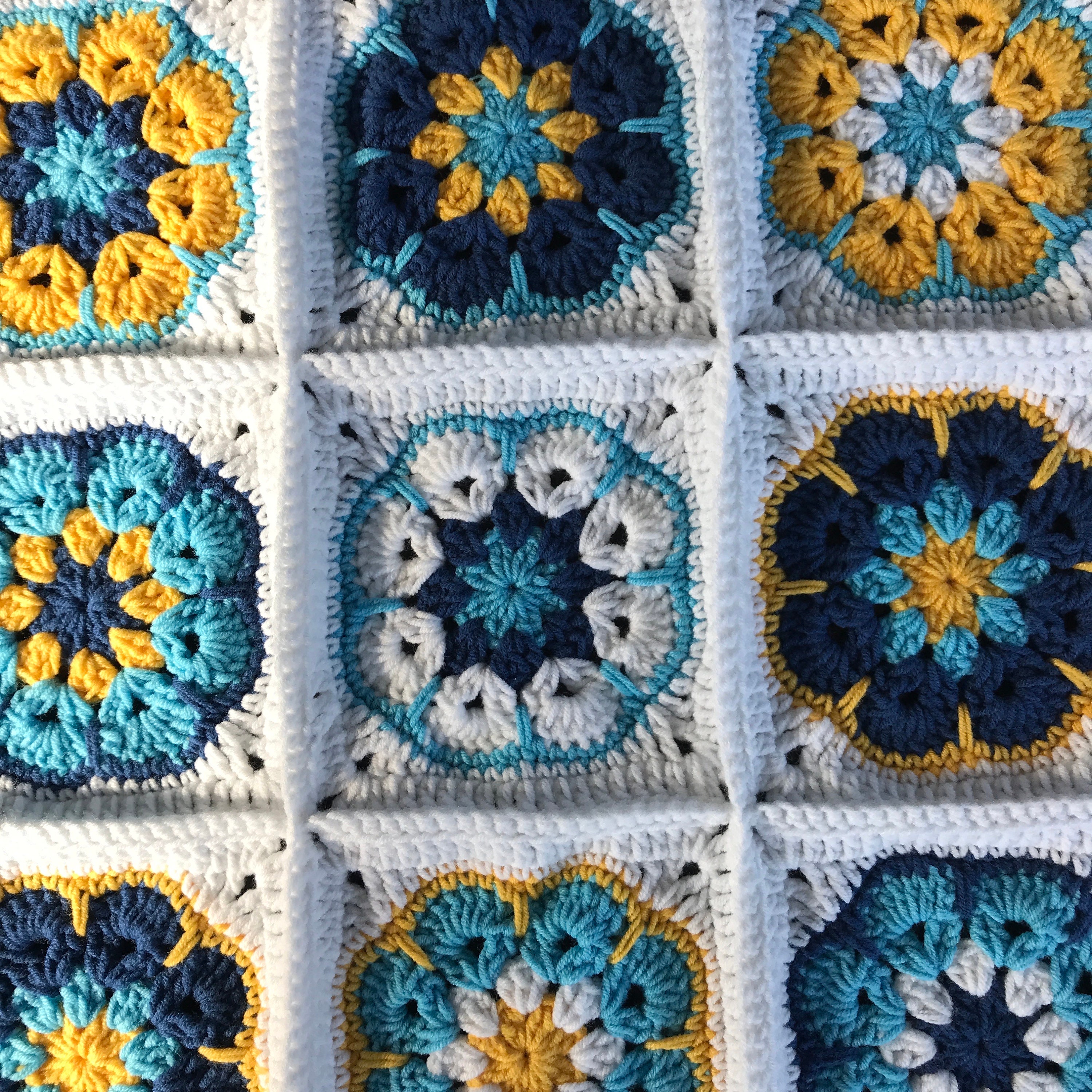 Wide Bordered African Floral Crochet Blanket With Light Blue Colors