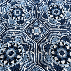 Custom Persian tile crochet blanket handmade lightweight cotton blue sky jean blue granny square Persian Afghan Janie Crow inspired pattern