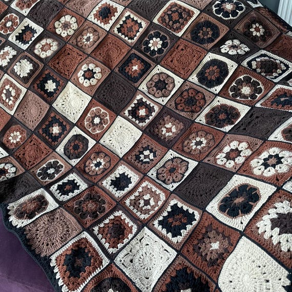 Handmade Crochet Granny Square Blanket: Brown Floral Patchwork