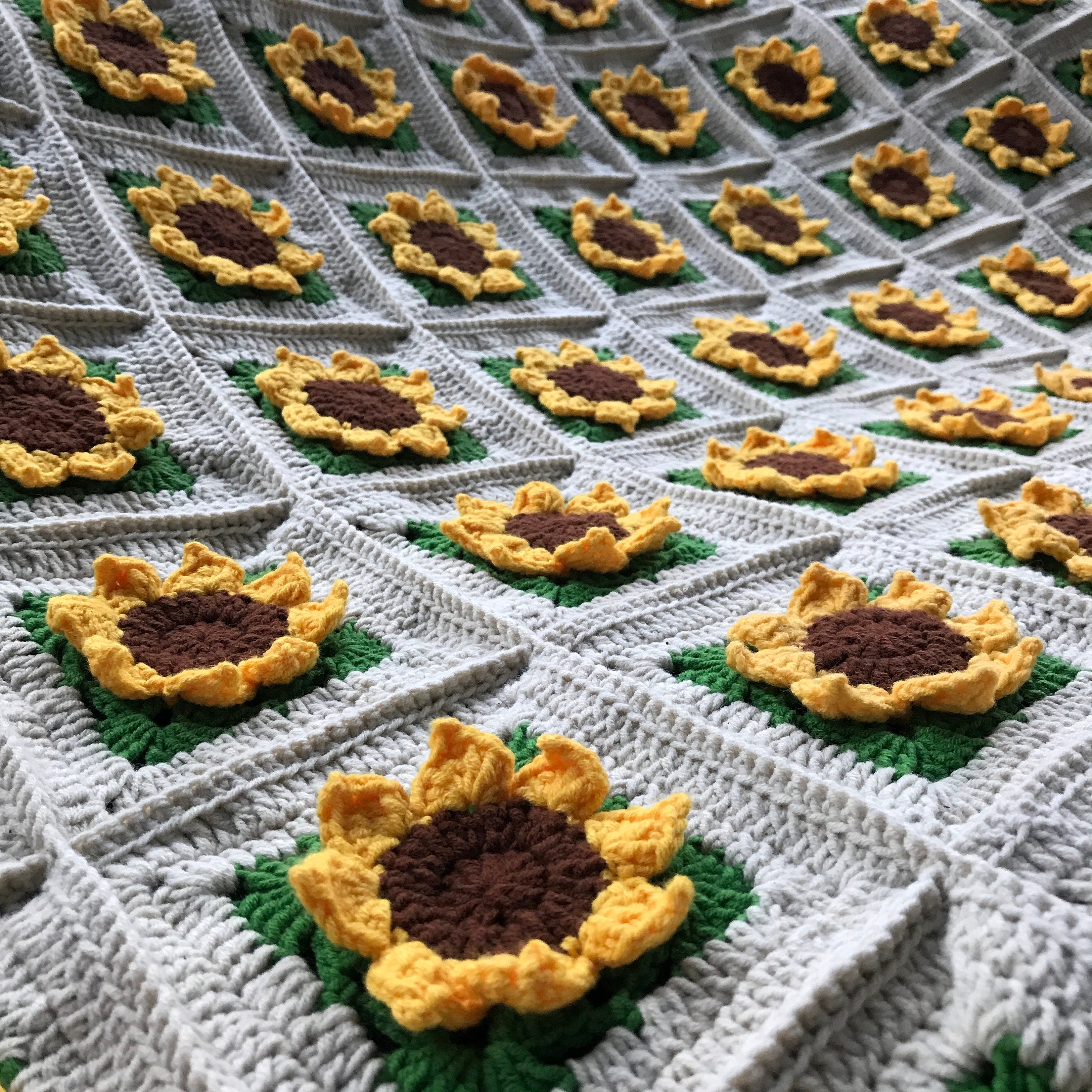 Yellow Sunflower Crochet Granny Square Blanket 3D Sunflower Afghan