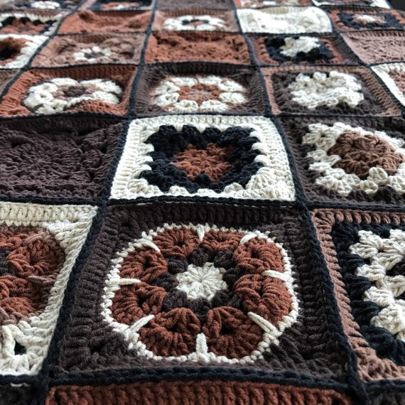 Handmade Crochet Granny Square Blanket: Brown Floral Patchwork