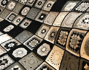 Handmade Crochet Granny Square Blanket: Black, Grey White Afghan Throw