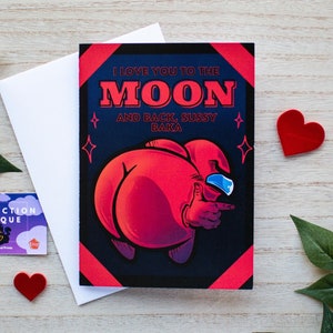 SUssy Space gra wideo oszust Gamer Rocznica, Walentynki, Karta miłosna, słodki zabawny astronauta nerd fan art Kocham cię do księżyca i z powrotem