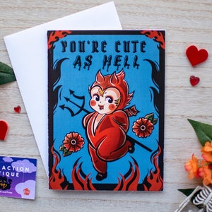 Leuke grappige Kewpie-pop stijl duivel fanart liefdeskaart | Horror mooie kaart in tattoostijl | Jubileumkaart | Wenskaart | Valentijnskaart