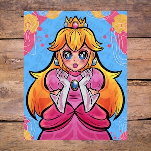 Cute video game inspired fan art of Princess Peach colored artwork 8" 10" print | Mario Princess fanart Print Digital, fan art, Anime Style