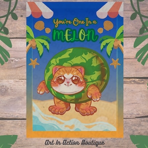 cute, beachy, funny, cat, kitten, meme, summer, watermelon, puny, kawaii, meme, card, birthday, greeting card, anniversary, gift, creative