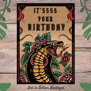 Fantastico e fantastico tatuaggio tradizionale Cobra Snake Birthday Card, biglietto in stile tatuaggio / regalo perfetto / biglietto di auguri