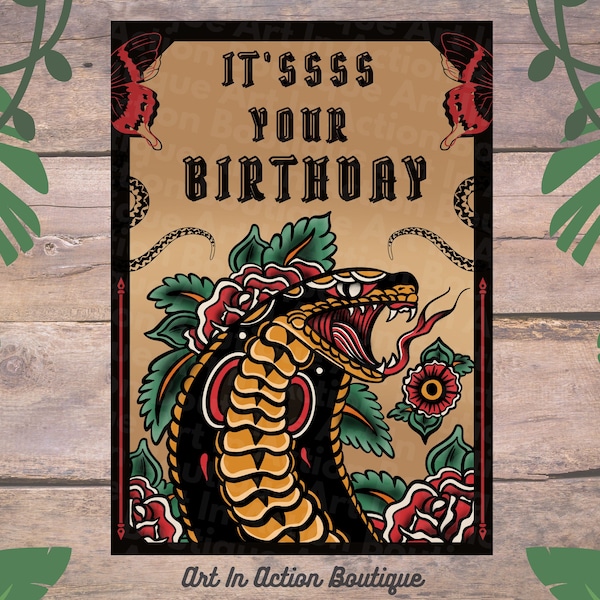 Cool Awesome Traditional Tattoo Cobra Snake Birthday Card, Tattoo Styled Card | Perfect gift| Greeting Card