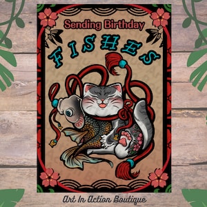 Gato fofo com um peixe, cartão de aniversário de arte inspirado em tatuagem tradicional japonesa incrível, presente perfeito | Cartão de felicitações, lindo, gatinho